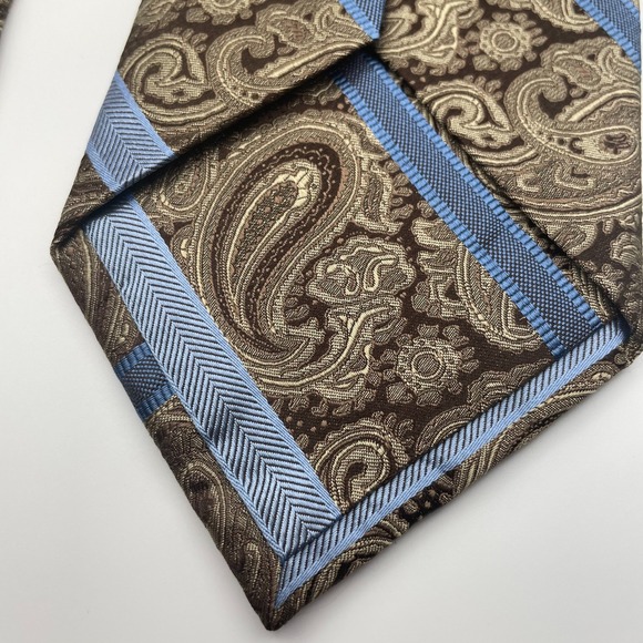 Pronto Uomo Paisley Silk Mens Tie Brown Blue Diagonal Stripe Formal - Picture 3 of 5